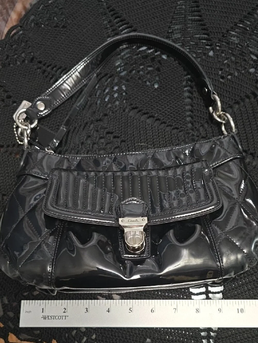 Coach Black Patent Shoulder Bag with Silver-Tone Hardware W/ Hot Pink Interior